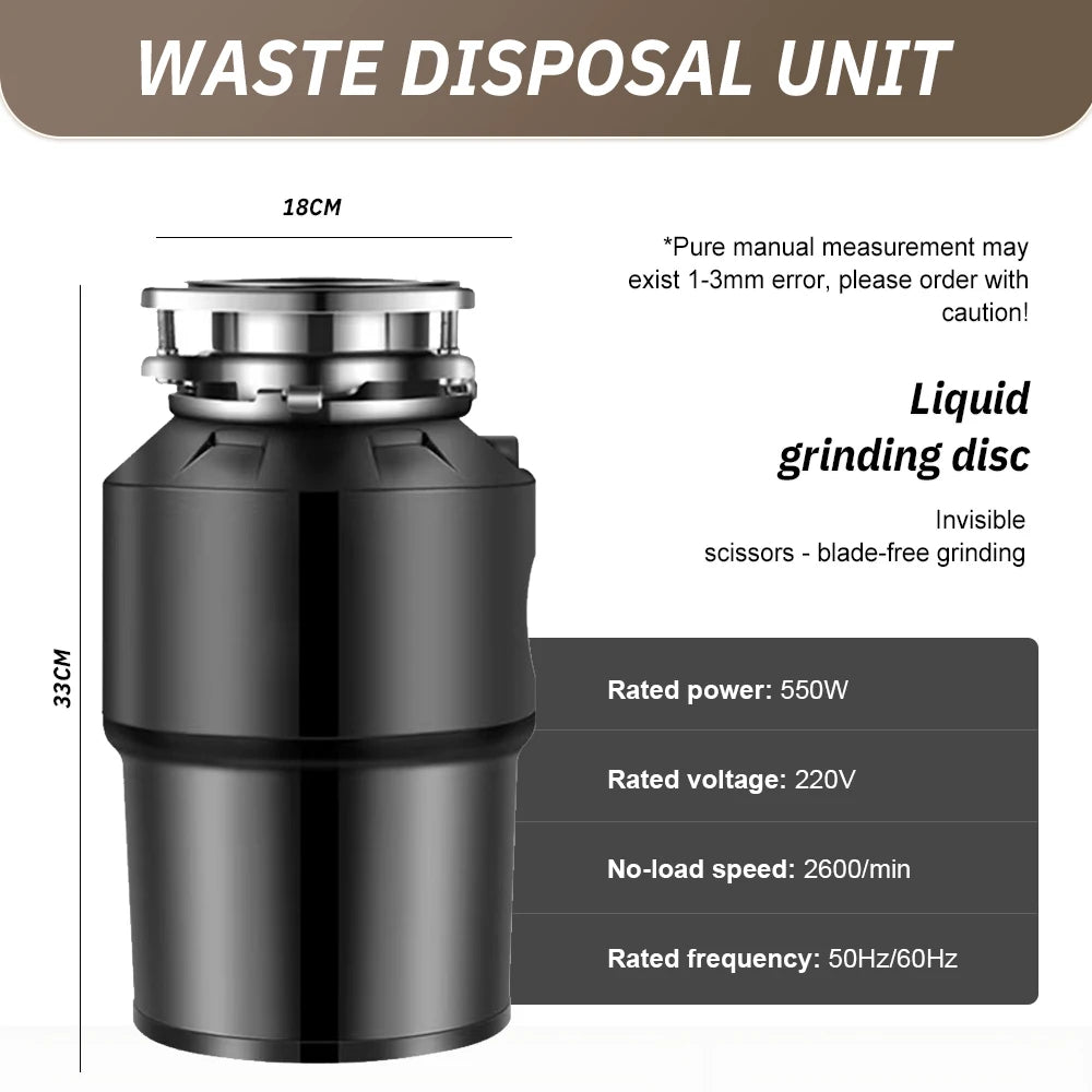 Electric Kitchen Food Waste Disposer – Heavy-Duty Under-sink garbage disposal unit with 220V, 550W power. Efficiently grinds food waste for easy kitchen cleanup.