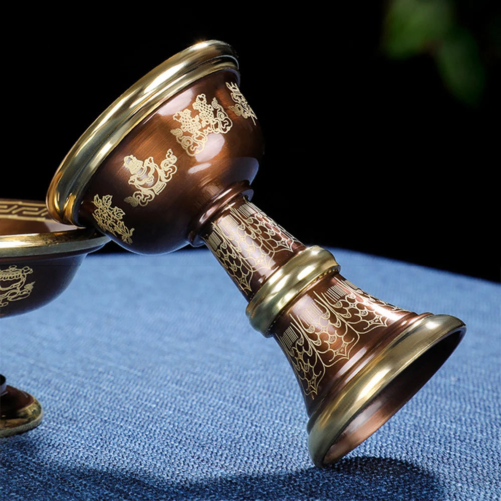 Pure copper Tibetan Tribute guardian cup, Eight-auspicious carved 2-layer Buddhism Holy water cup, Buddhist ornaments, 1 set