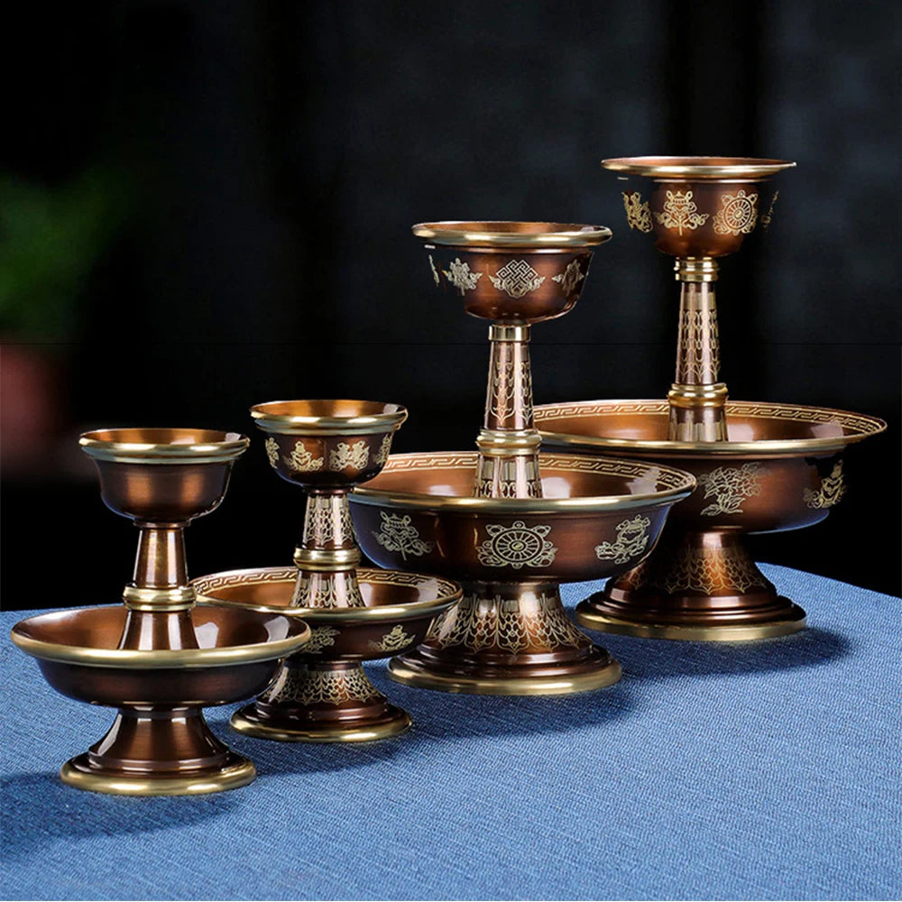 Pure copper Tibetan Tribute guardian cup, Eight-auspicious carved 2-layer Buddhism Holy water cup, Buddhist ornaments, 1 set