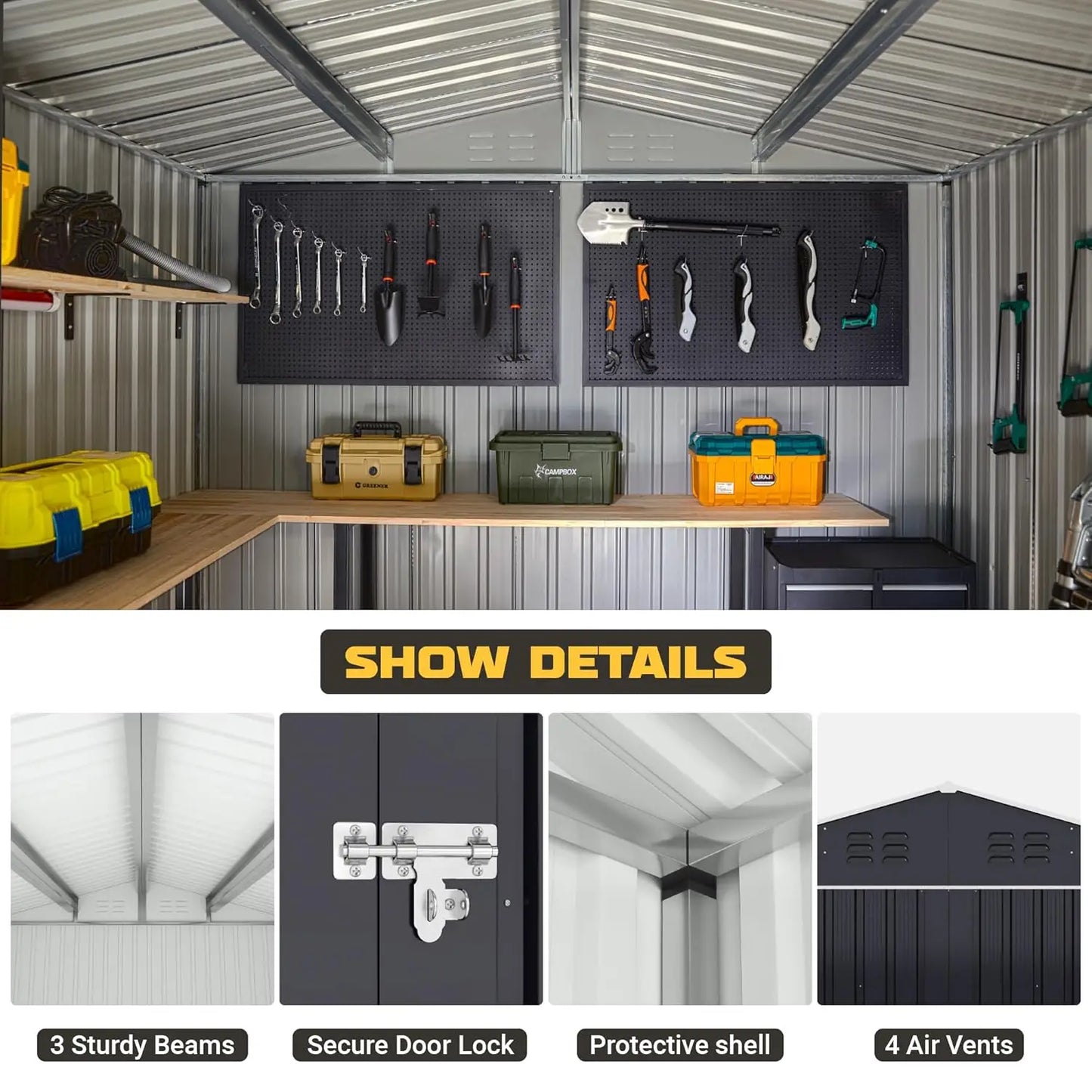 8x12 FT Metal Outdoor Storage Shed, Updated Frame Structure Tool Shed for Backyard Garden Patio Lawn, Customized