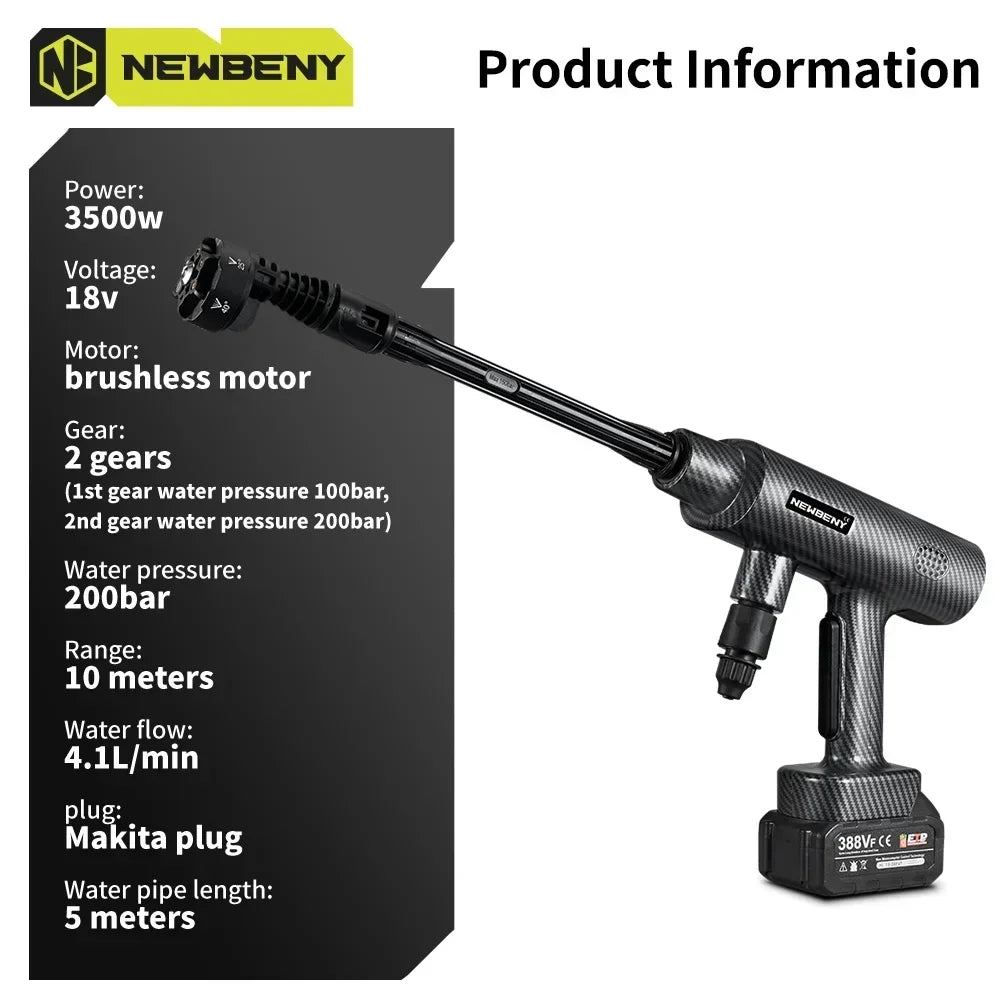 NEWBENY 6 IN 1 200Bar Brushless Electric Washer Cordless Efficient Car Garden Cleaning Power Tools For Makita 18-21V Battery Pin