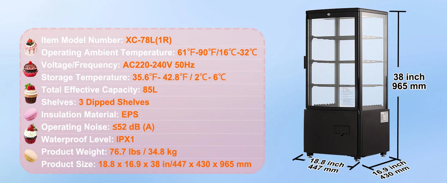 SucceBuy 3.5/4.2/5/9.8 cft Refrigerated Display Case Large Commercial Pastry Display Refrigerator with LED Lighting for Bakery