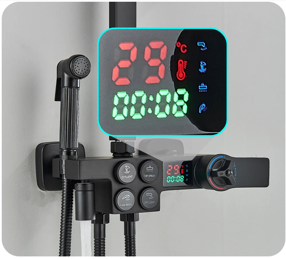 Black Display Thermostatic Shower Faucet Set Rainfall Bathtub Tap With Bathroom Shelf Water Flow Produces Electricity