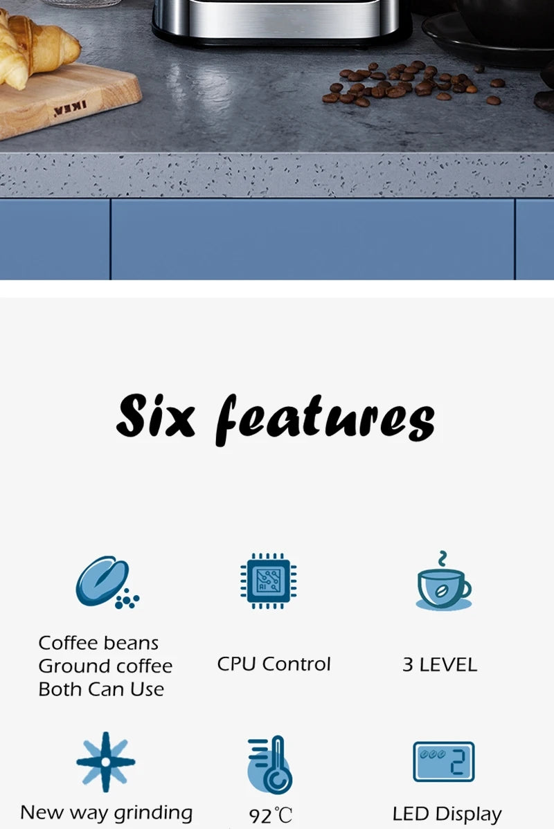 Fully automatic American coffee machine，Coffee beans or powder can be used，Electric grinding drip coffee machine 2-in-1