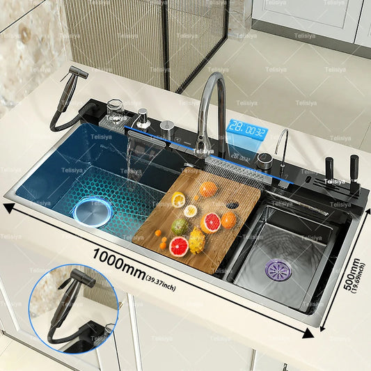 Extra Large Stainless Steel Waterfall Kitchen Sink Embossed Single Solt Digital Display Multifunctional Dishwashing Sink