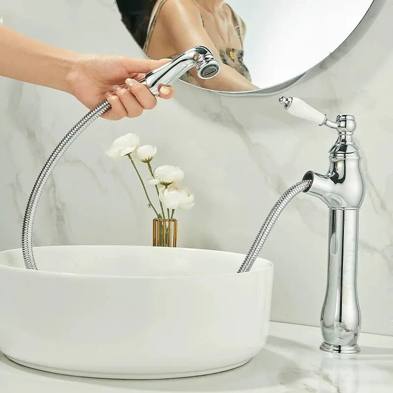 Pull-Out Ceramic Handle Basin Faucet Brass pull-out mixer tap with ceramic handles. Smooth operation, modern design, easy to clean.
Perfect for bathroom sinks, washbasins, or vanities.