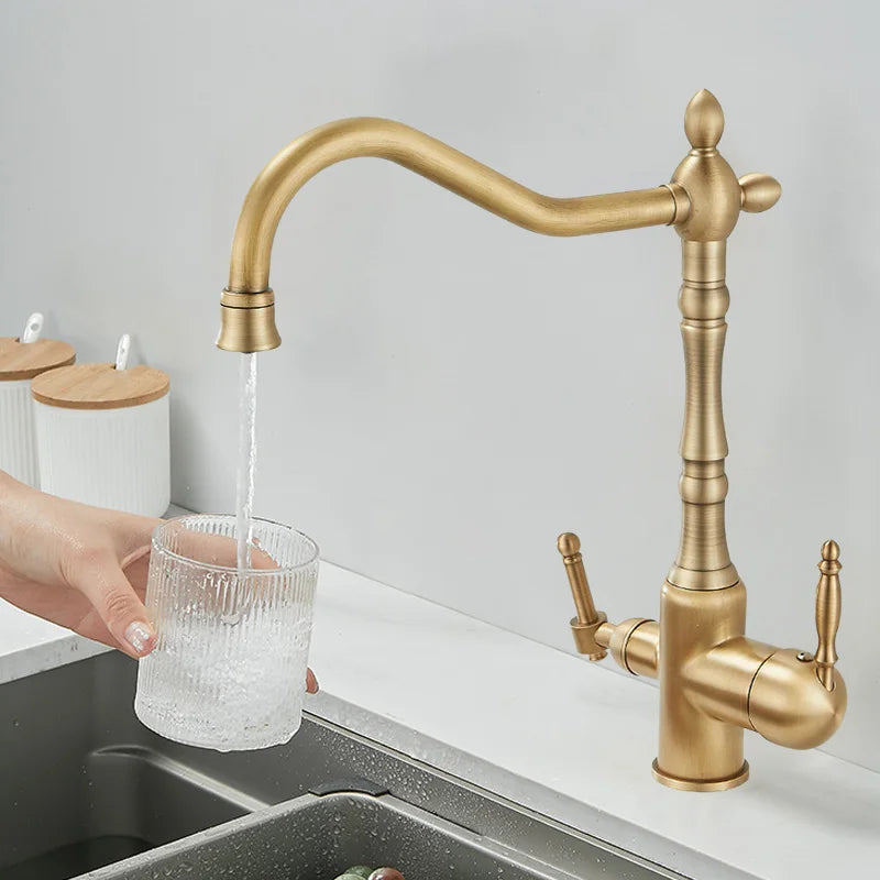 Brass antique light luxury three-in-one pure water faucet household sink wash basin hot and cold water faucet splash-proof E1489