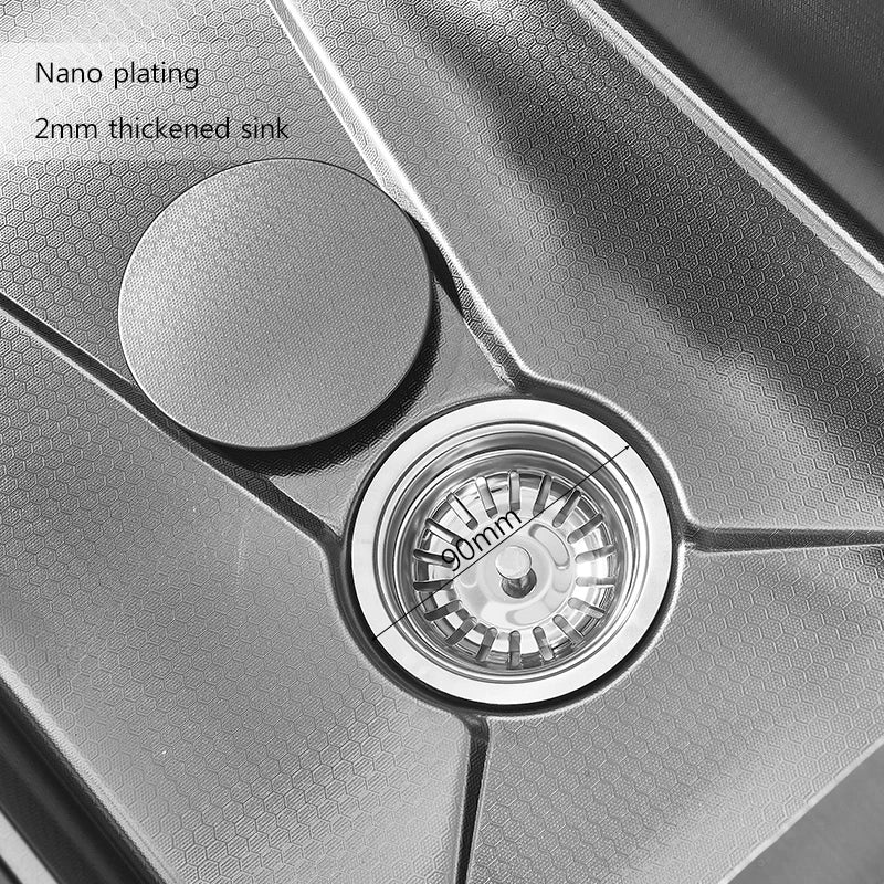 304Stainless Steel Large Single Bowl Waterfall Kitchen Sink with Integrated Digital Display Faucet Soap Dispenser and Cup Washer