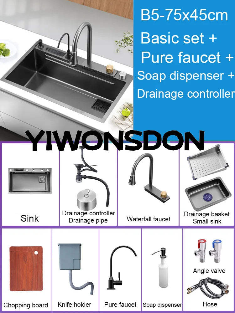 Multifunction Black Nano Kitchen Sink Waterfall Faucet Large Single Bowl Cup Washer Pure Tap Soap Dispenser 304 Stainless Steel