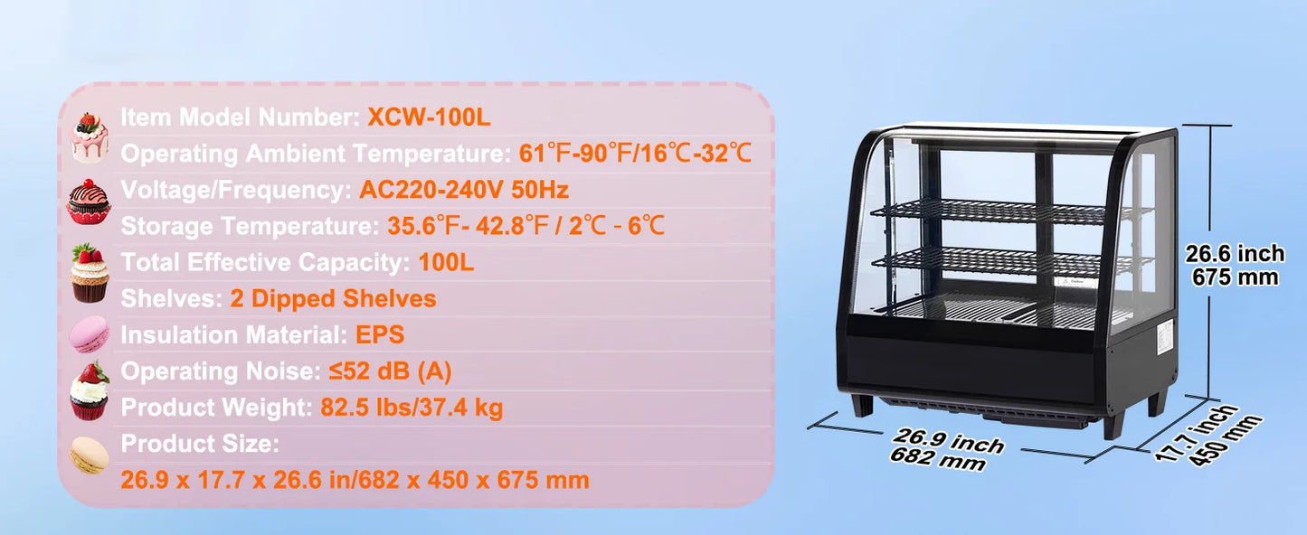 SucceBuy 3.5/4.2/5/9.8 cft Refrigerated Display Case Large Commercial Pastry Display Refrigerator with LED Lighting for Bakery