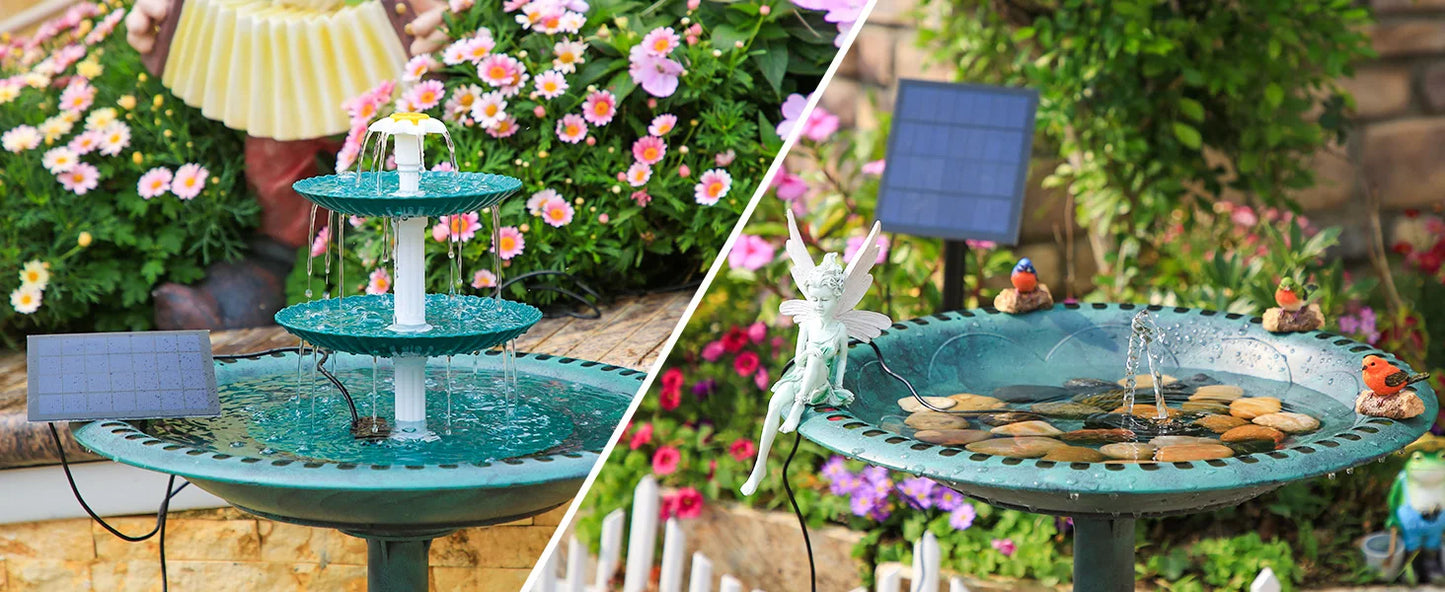 3-Tier Solar Bird Bath Fountain 3.5W solar pump, detachable 3-tier design. Attracts birds with flowing water – no wiring needed. Perfect garden & patio decor.