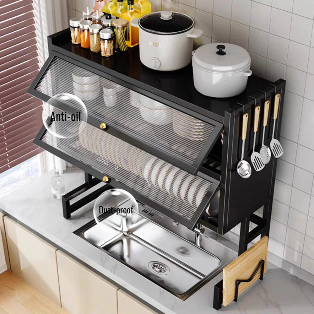 Sink Dish Rack Cabinet Organizer with Utensil Holder Scalable Adjustable Drain Rack Tabletop Plates/Bowl/Cutting Board Organizer