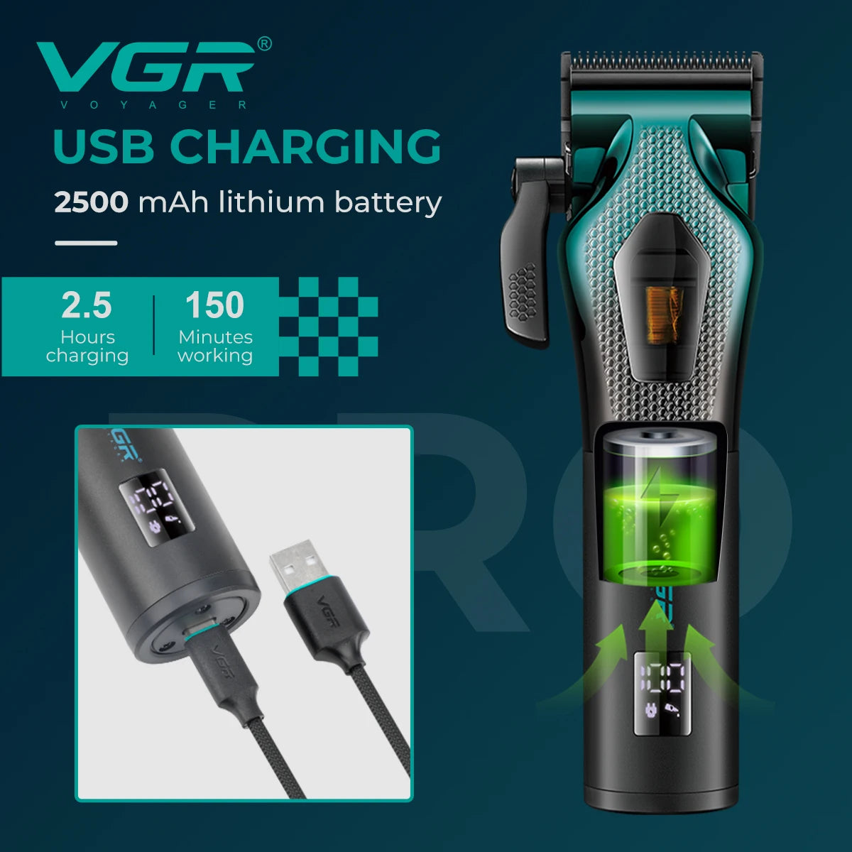 VGR high-end customized electric hair clipper gradient metal shell electric push shear intelligent control hair trimmer V-271