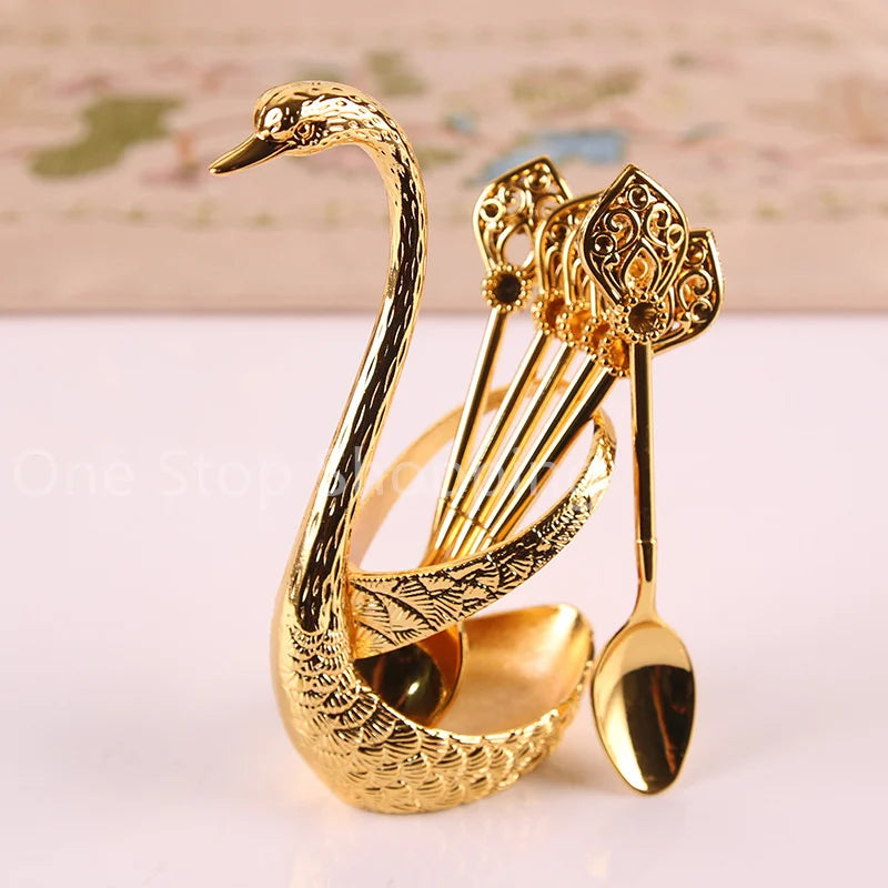 Creative Dinnerware Set Swan Base Holder Decorative Stainless Steel with 6 Spoons for Coffee Fruit Dessert Stirring Mixing