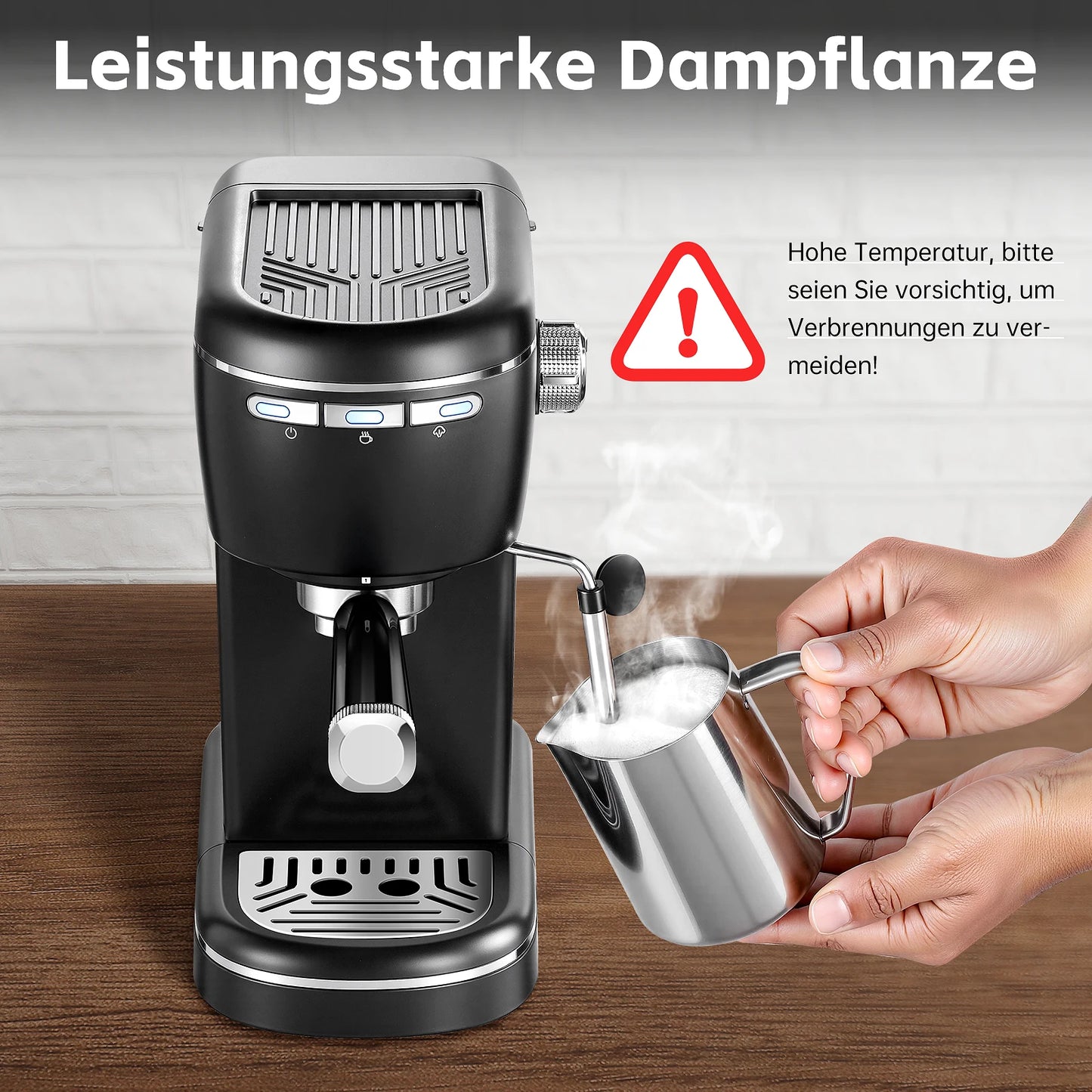 15 Bar 1.2L Removable Tank, Compact Cappuccino/Latte Maker, Stainless Steel, 1100W, Black Espresso Coffee Maker Machine