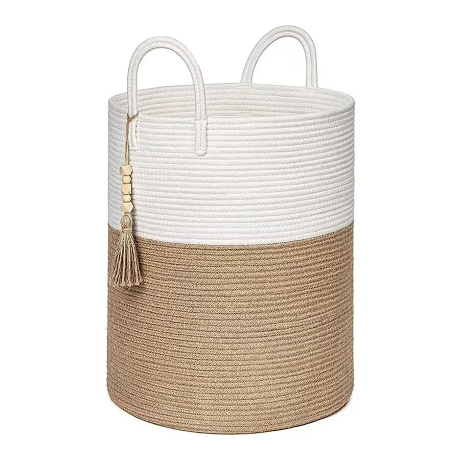 Large Storage Basket Tall Woven Decorative Laundry Hamper with Handles Foldable Cotton Rope for Clothes Kids Toys Living Room