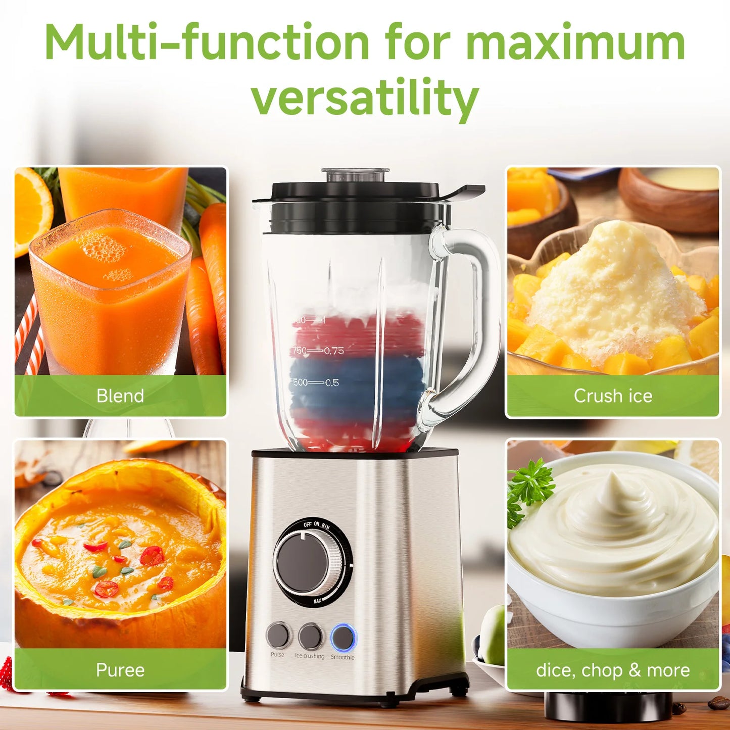 BioloMix 3-in-1 Smoothie Maker 1300W Personal Blender with Stainless Steel Blades Baby Food Grinder Juice Maker