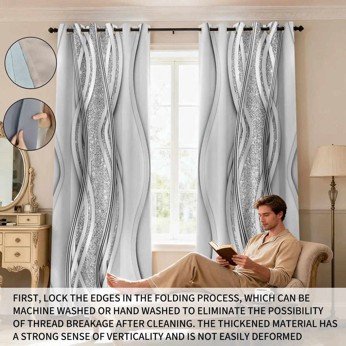 2pcs Minimalist Style Curved Lines Art Print Perforated Blackout Curtains Multi Size Living Room Bedroom Insulation Decoration