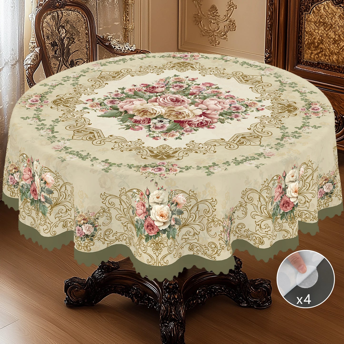 1 Piece of Spring Rose Floral Round and Rectangular Tablecloth, Various Sizes, Retro Pink Rose Pattern Printed Decorative Tablecloth, Retro Luxury Texture, Tablecloth for Home Kitchen, Outdoor Garden, Spring and Summer Home D