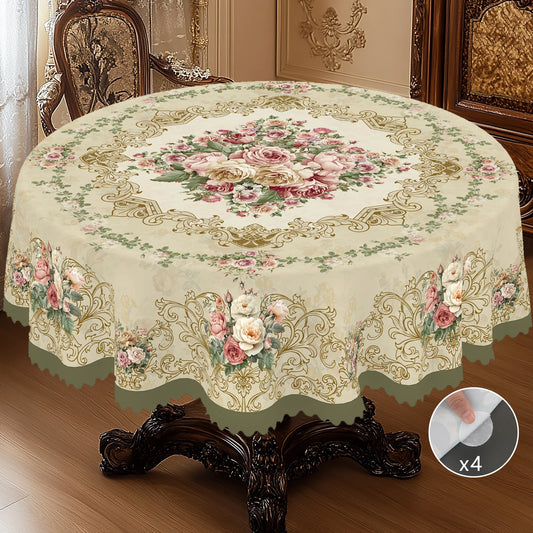 1 Piece of Spring Rose Floral Round and Rectangular Tablecloth, Various Sizes, Retro Pink Rose Pattern Printed Decorative Tablecloth, Retro Luxury Texture, Tablecloth for Home Kitchen, Outdoor Garden, Spring and Summer Home D