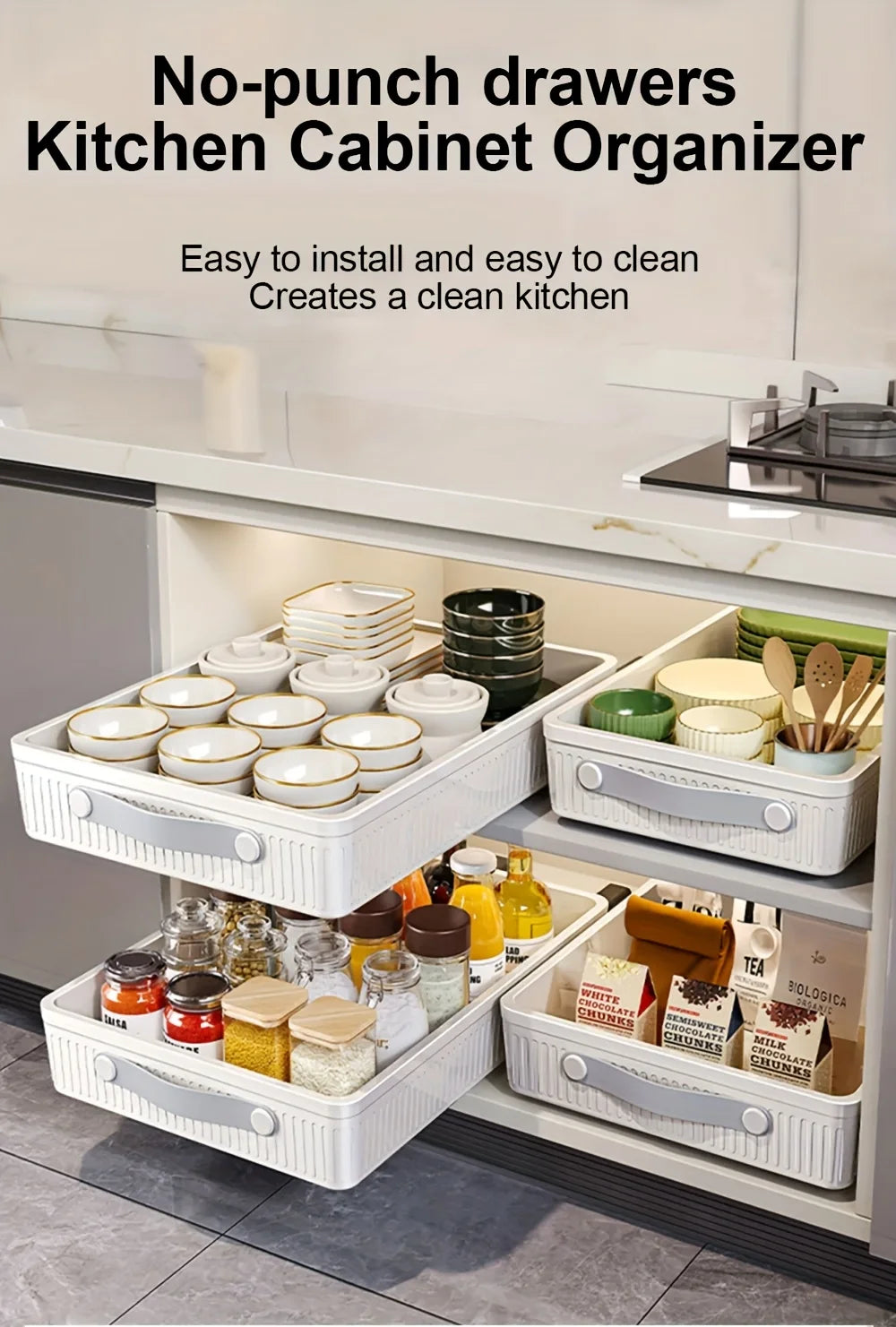 Sliding Drawer Storage Box 1 PC Kitchen Cabinet Drawer Storage Boxes with Slide Rails Pull-out Ki ...