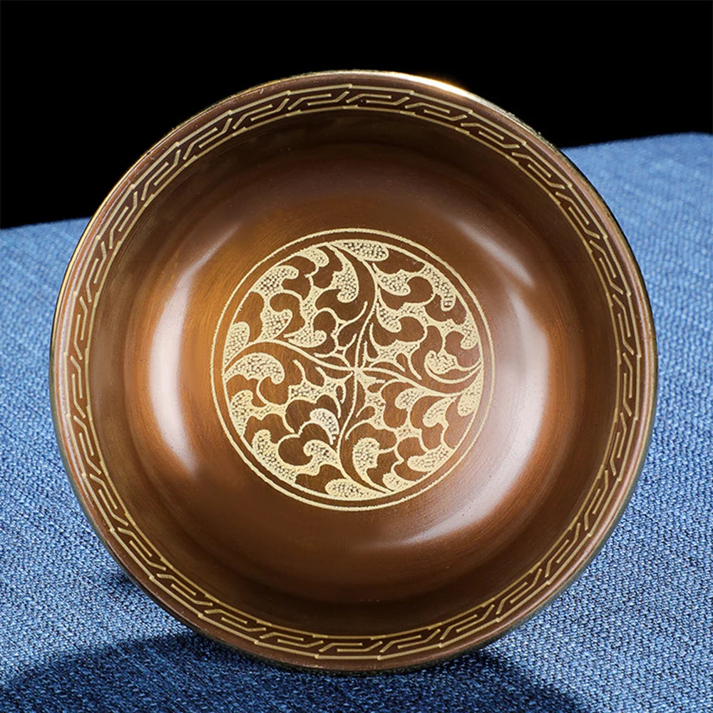 Pure copper Tibetan Tribute guardian cup, Eight-auspicious carved 2-layer Buddhism Holy water cup, Buddhist ornaments, 1 set