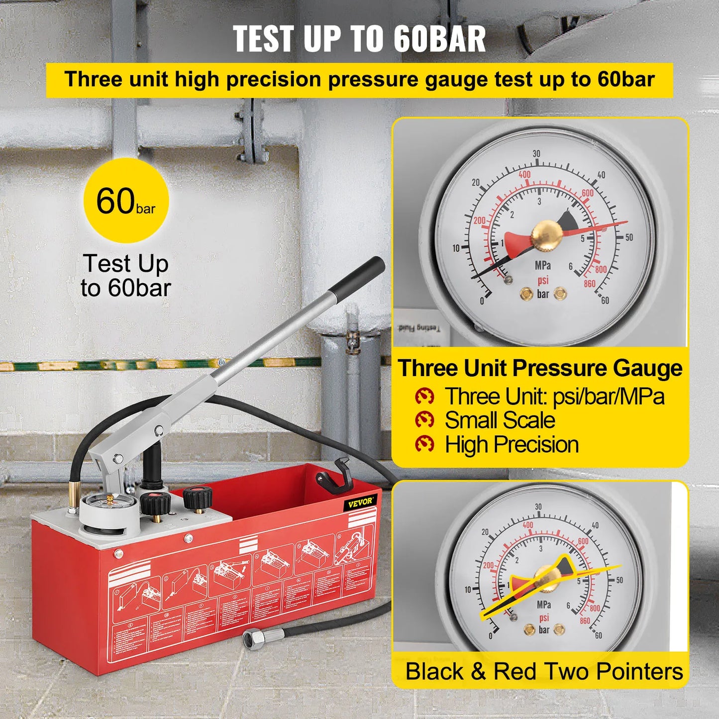 SucceBuy Hydrostatic Pressure Test Pump 60 bar/860 psi 3.2 Gallon Tank Hydraulic Manual Water Pressure Tester Kit Pressure Test