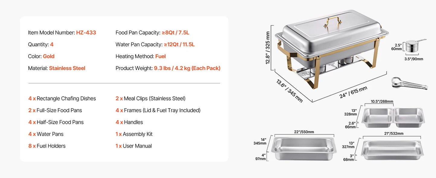 SucceBuy 8QT Rectangle Chafing Dish 2/4/6 Packs w/ Full Size Pans Buffet Catering Warmer Server Folding Stand Fuel Holder Tray