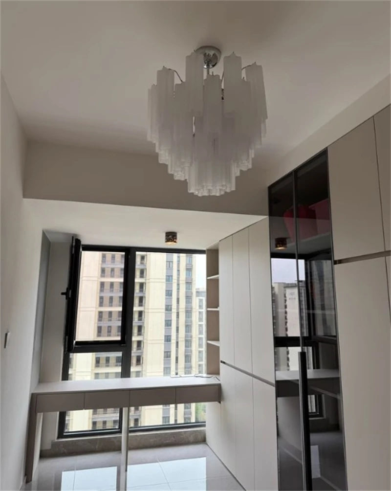 Art Deco Stained Glass Tube Chandelier – Luxury Ceiling Pendant Light Elegant lighting fixture perfect for kitchen islands, dining rooms, or any upscale interior space. Adds a touch of sophistication and style.