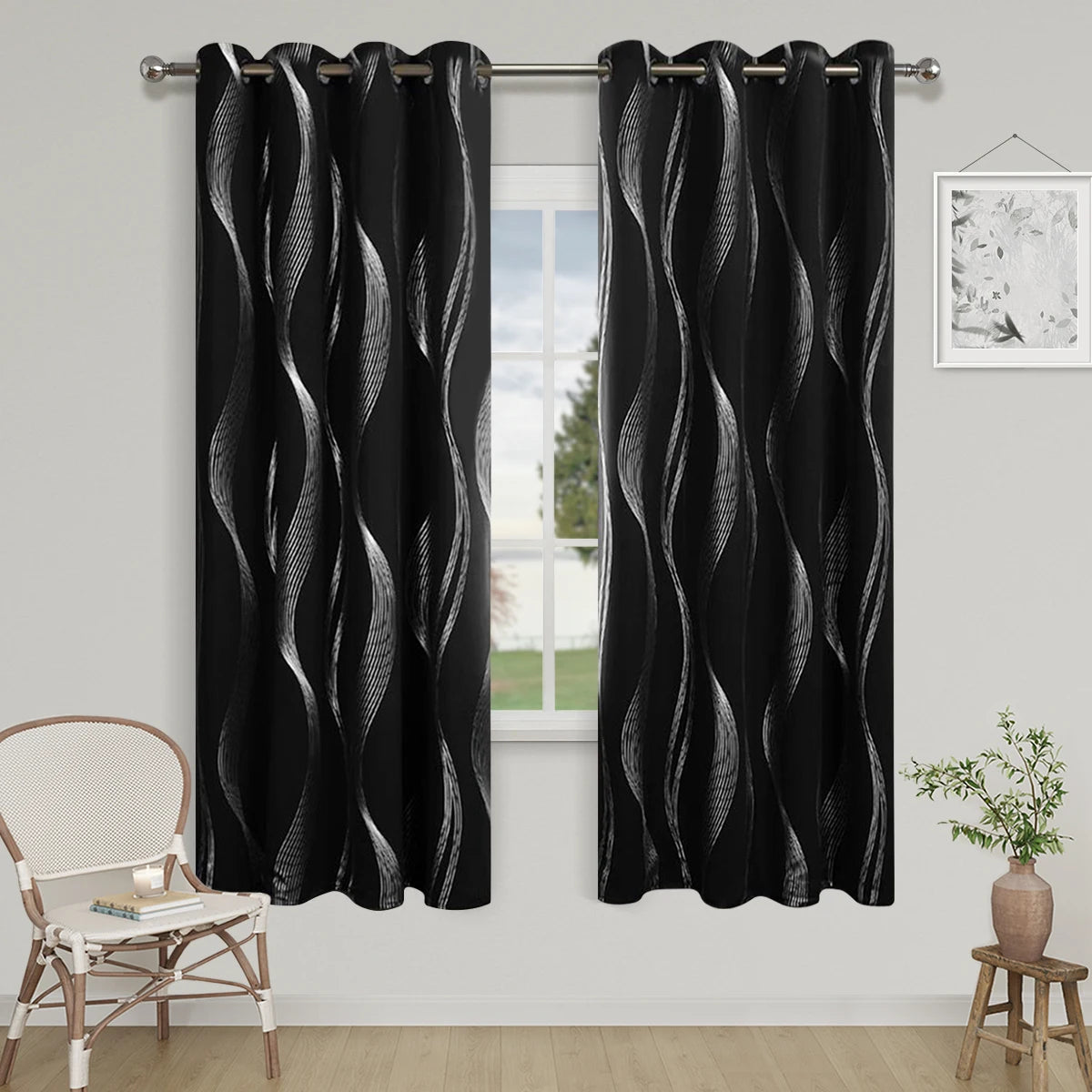 1pc High Precision Silver Embossed Wave Pattern Blackout Curtain, window Curtains for living room bedroom kitchen home decor