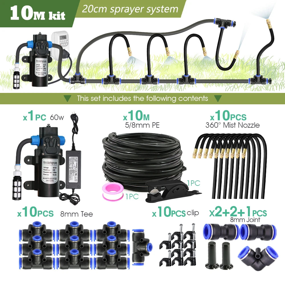 Black 8mm PE Hose 20cm Flexible Nozzle Misting Watering System 45/60/80/100W Self-priming Pump Adjustable Sprayer Kit for Garden