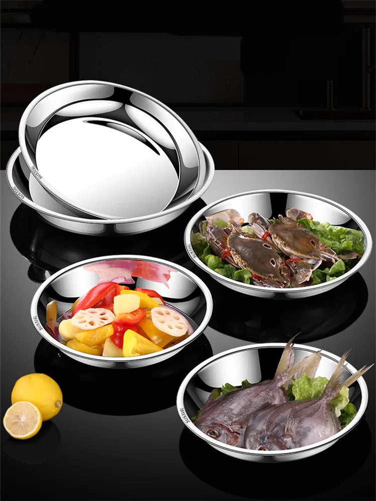 Thick Round 316 Stainless Steel Dinner Plate Food Grade Trays Salad Fruit Meal Pan Kitchen Steak Seafood Flat Cooking Bowls
