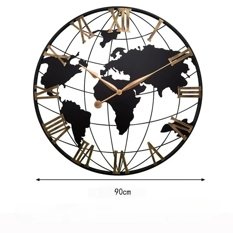 Round Silent Non-Ticking Battery Operated Wall Clocks 60/75/90cm Large Map Wall Clock Metal Minimalist Clock for Living Room