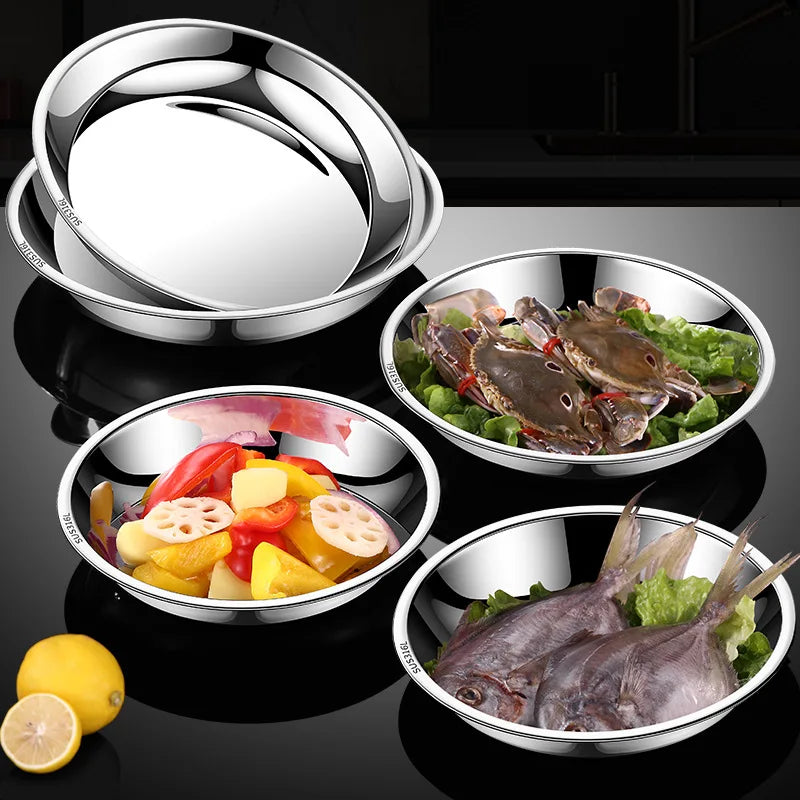 Thick Round 316 Stainless Steel Dinner Plate Food Grade Trays Salad Fruit Meal Pan Kitchen Steak Seafood Flat Cooking Bowls