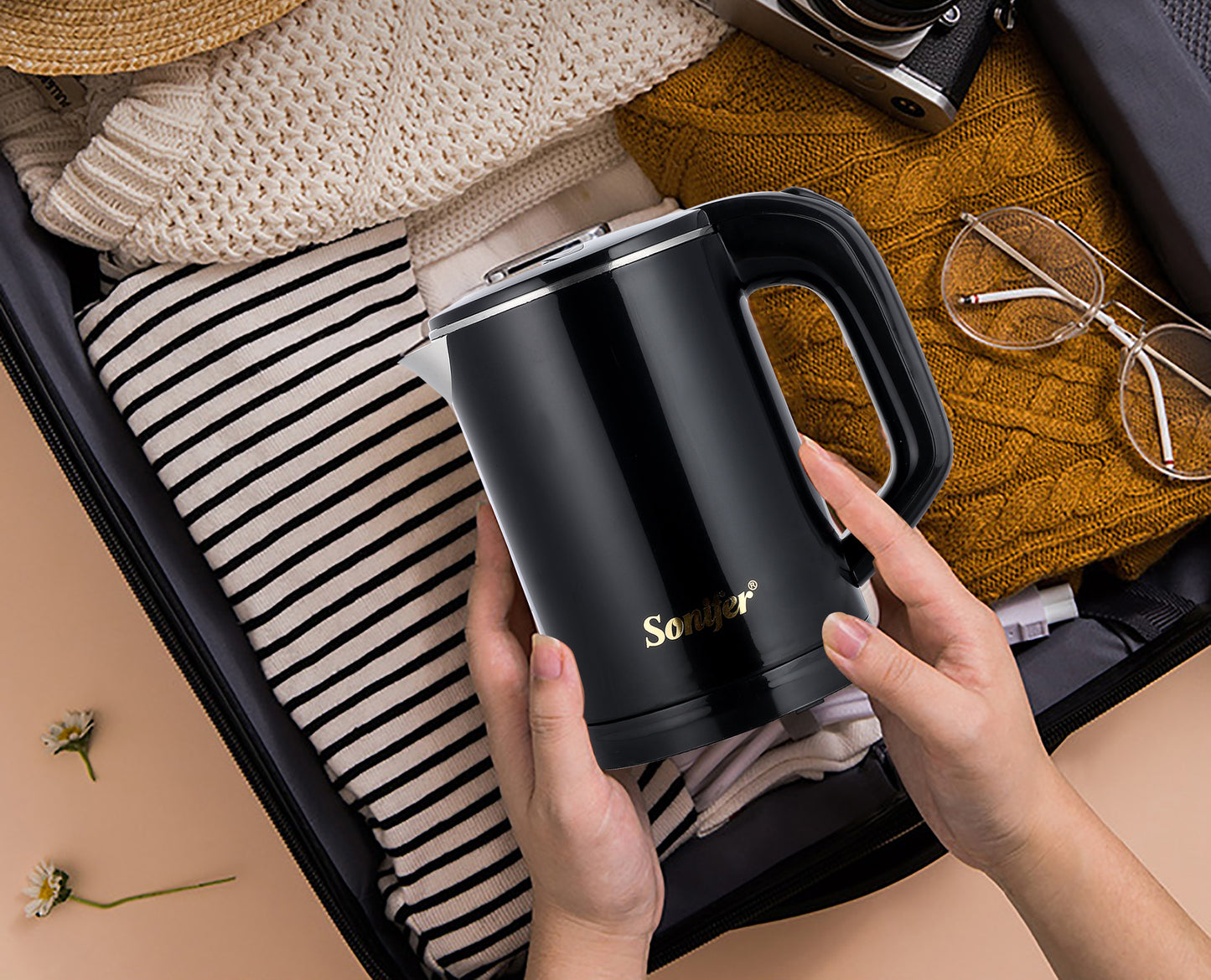 Travel Electric Kettle Tea Coffee 0.6L Mini Stainless Steel Cordless Portable  Kettle 800W For Hotel Family Trip Pot Sonifer