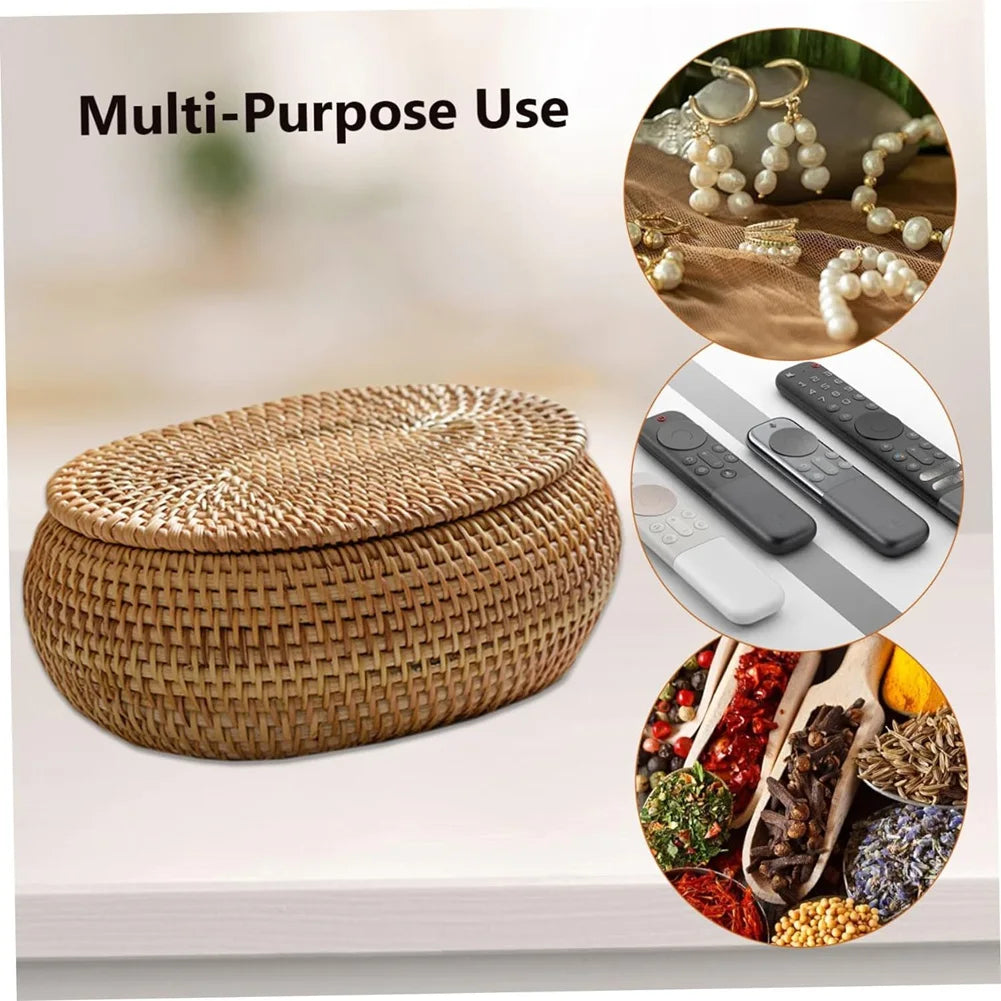 SEWS-Rattan Box Storage Baskets With Lid, Rattan Basket, Handwoven Round Woven Basket, Desktop Decorative Box For Home,Office