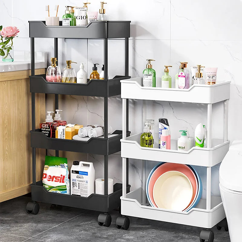 [UK Stock] Multi-Layer Trolley Rack Kitchen Floor Bedroom Organizer Cart Wheeled Bathroom Storage Rack Shelves Kitchen