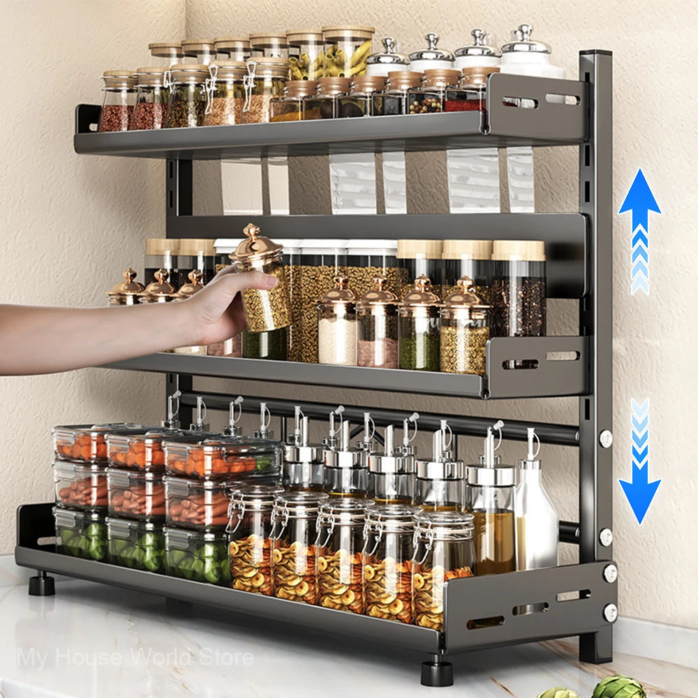 3-Tier Spice Rack – Adjustable Kitchen Organizer Sturdy metal shelf in sleek black design. Perfect for countertops or cabinets to keep spices neat and accessible.
