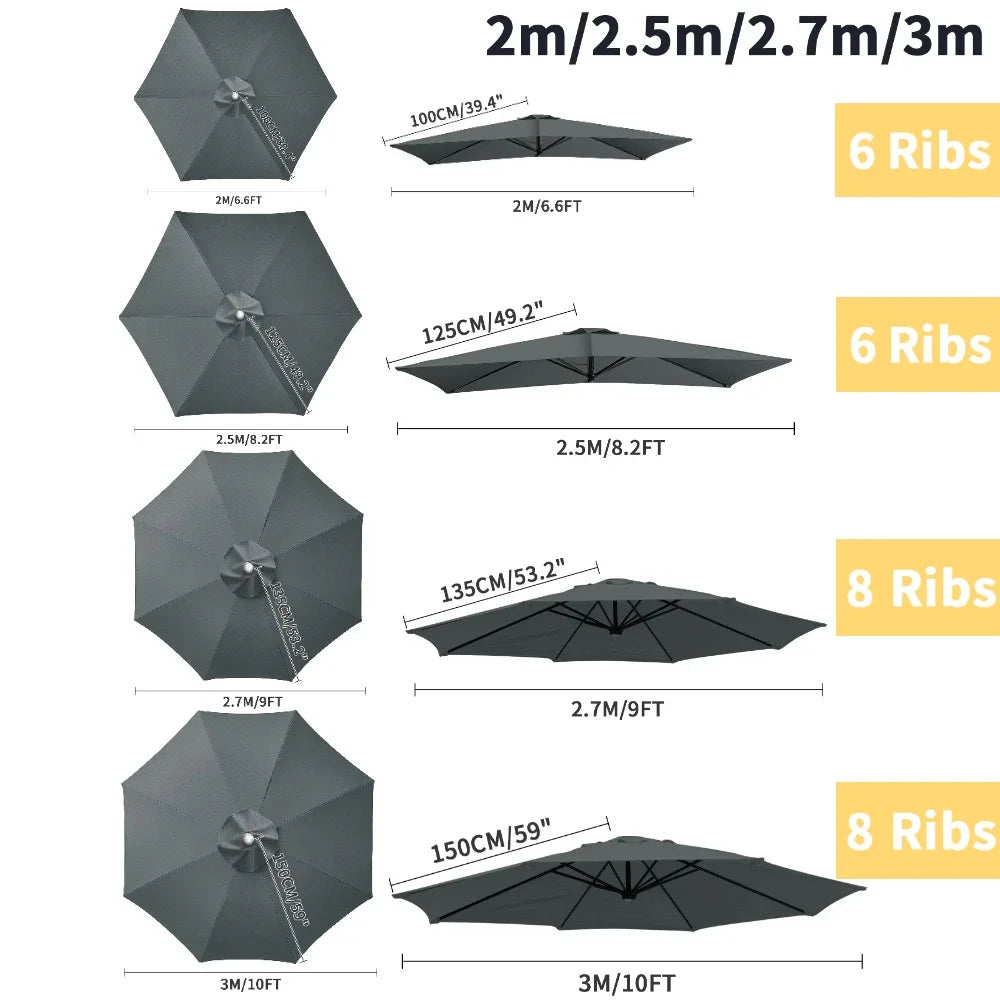 Replaceable Parasol Top Cloth Garden Outdoor Patio Canopy Umbrella Cover Sunshade Garden Canopy UV Protection 2m/2.5m/2.7m/3m