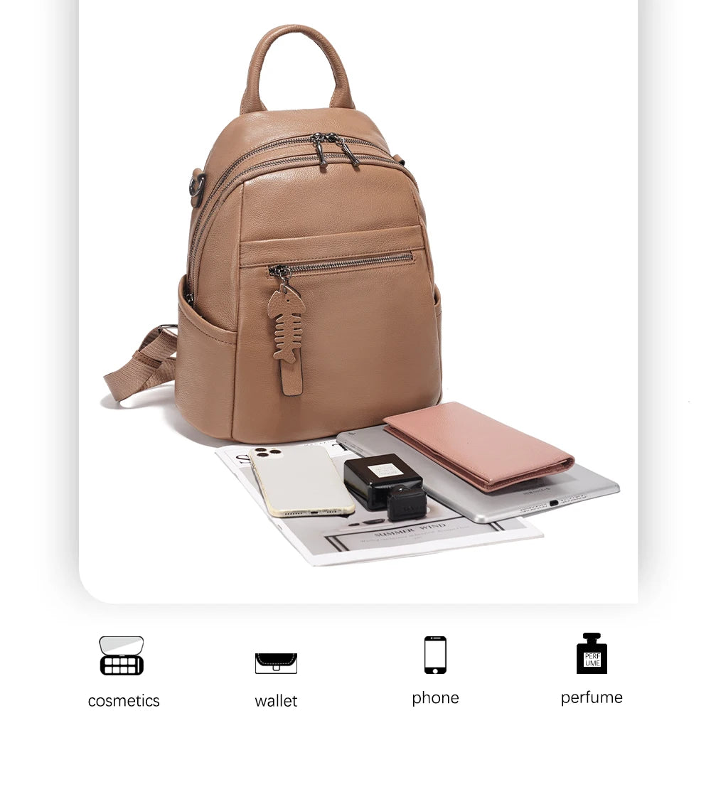 Soft Leather Women’s Backpack Large Capacity Crafted from premium cowhide leather with wide shoulder straps and multiple pockets. Stylish, durable, and perfect for everyday use.