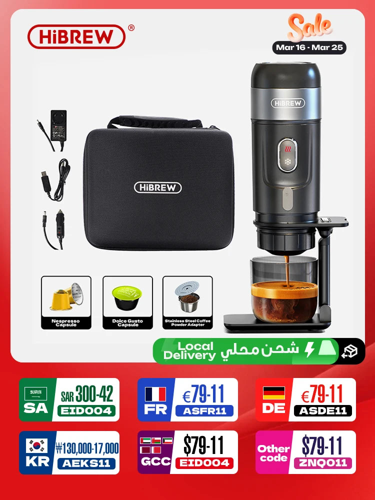 HiBREW Portable Coffee Machine for Car & Home,DC12V Expresso Coffee Maker Fit Nexpresso Dolce Pod Capsule Coffee Powder H4A