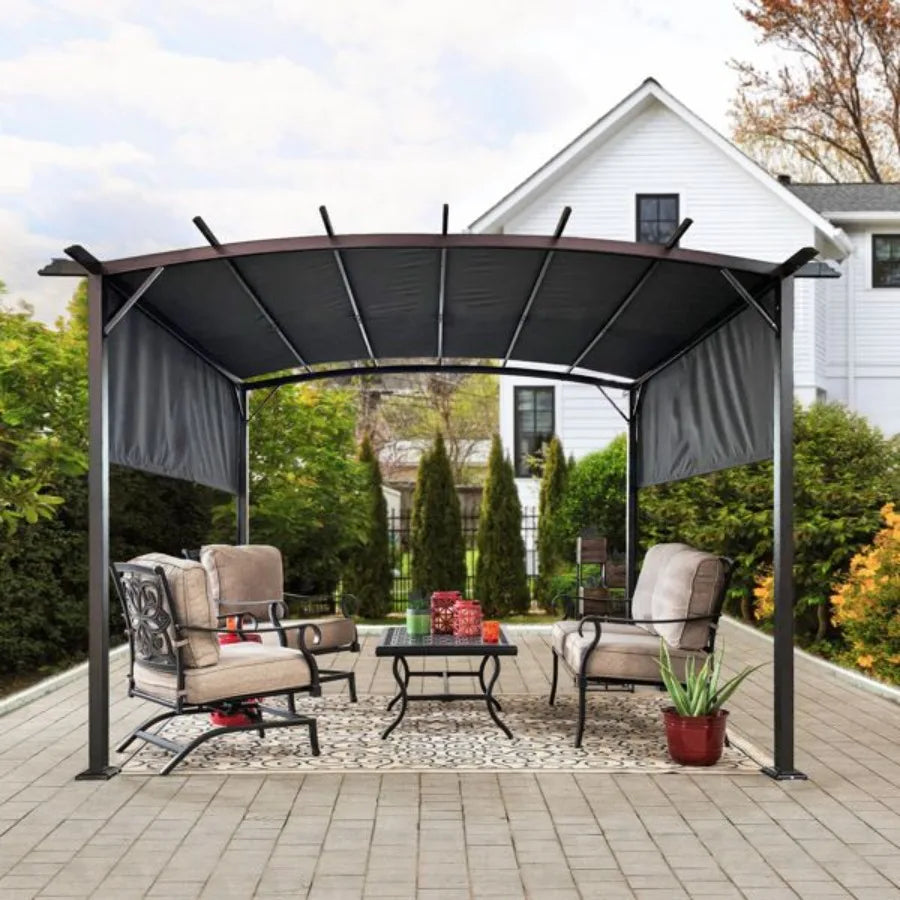 12 x 9 Ft Outdoor Pergola Patio Gazebo; Retractable Shade Canopy; Steel Frame Grape Gazebo; Sunshelter Pergola; Grey