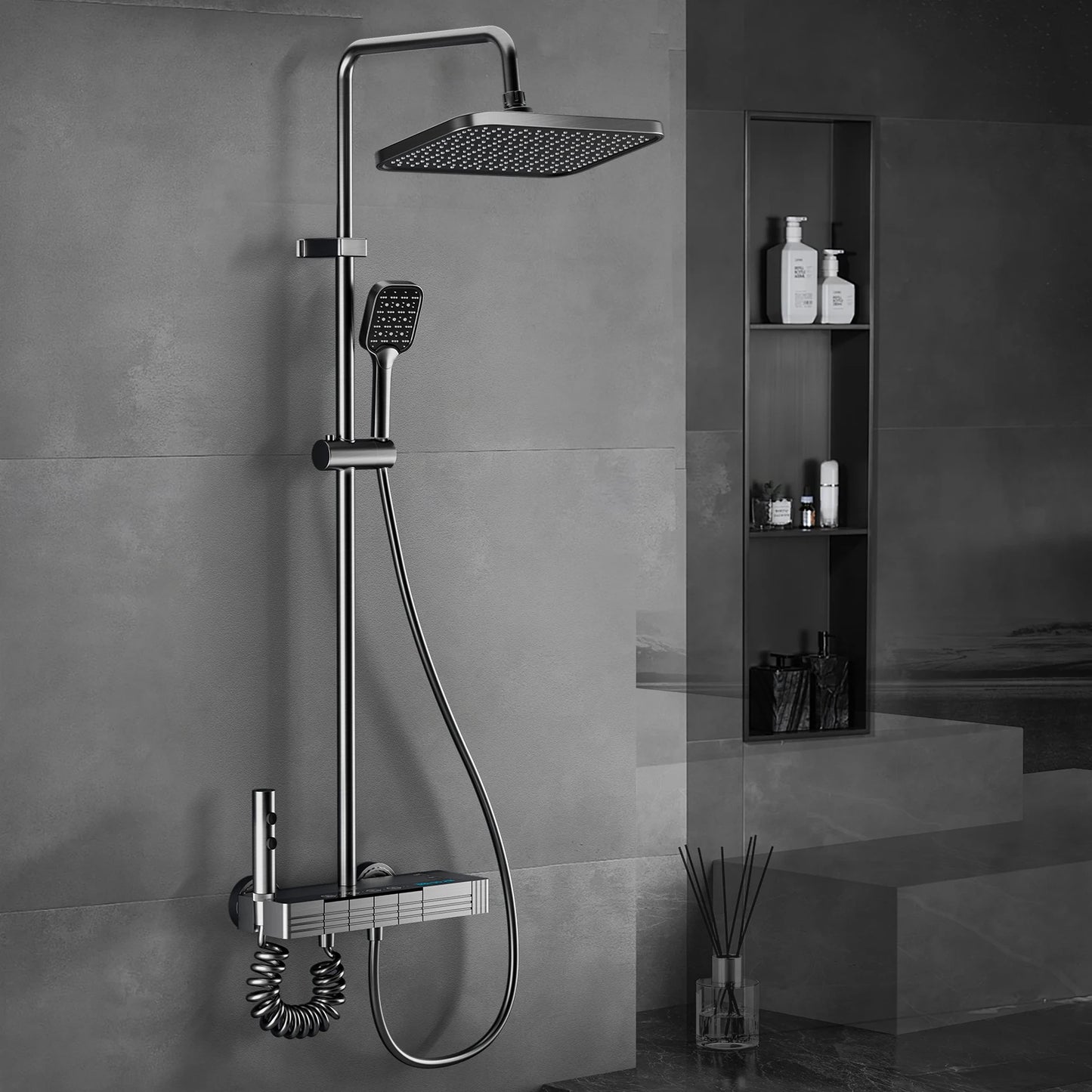 Digital Display Shower Faucet Set Rainfall Bathroom Mixer Tap Grey Bidet Shower System With Ambient Lighting Bathroom Accessorie