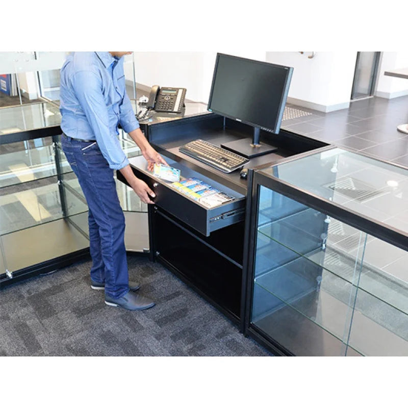 custom，L Shaped Aluminum Supermarket Retail Shop Turn Corner Glass Display Showcase Shopping Mall Lockable Display Cabinet Count