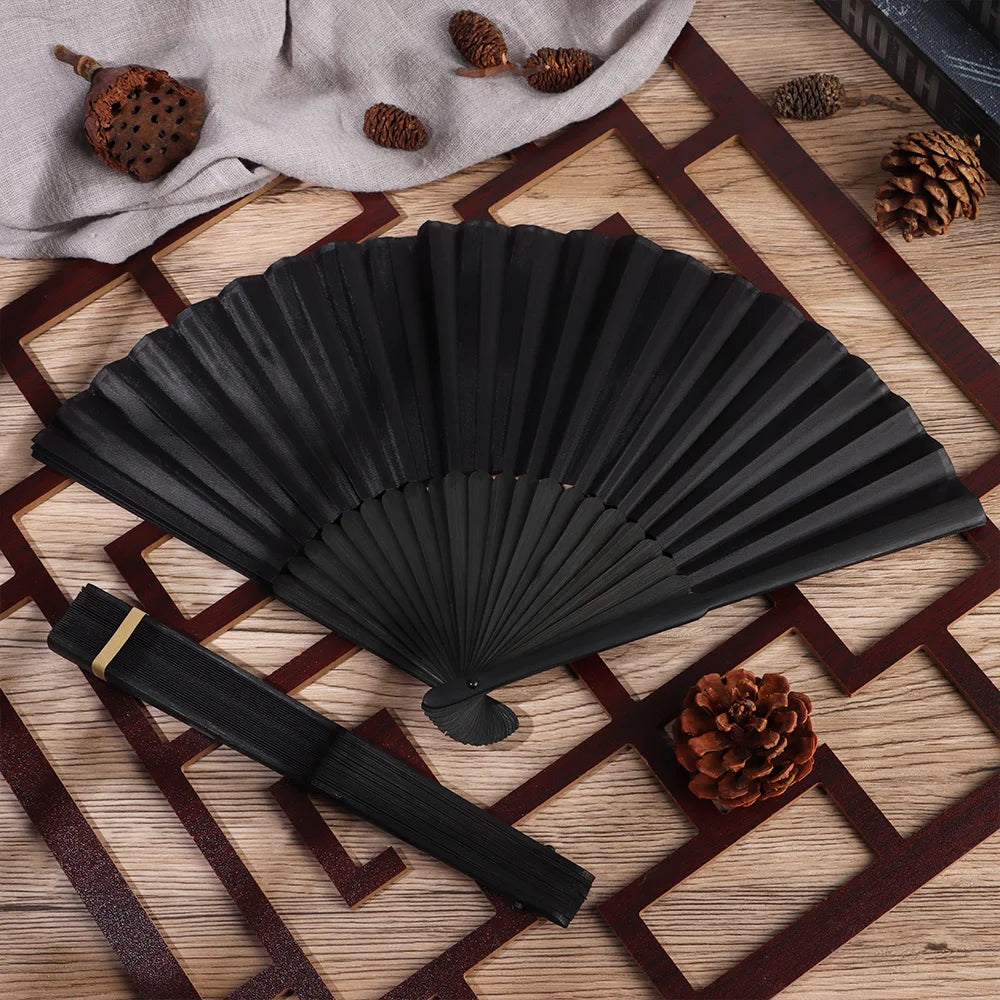 8.27"(21cm) Black Silk Folding Fan Chinese Style Hand Held Bamboo Fans Ribs Home Party Decoration Dance Props Desktop Ornament
