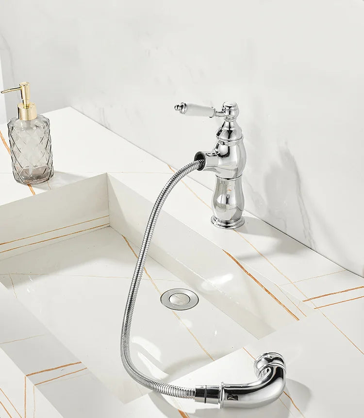 Gold Bathroom Ceramic handle Basin Faucets Pull Out Mixers Sink Faucet Washbasin Taps Water Tap Tapware Crane Brass Material