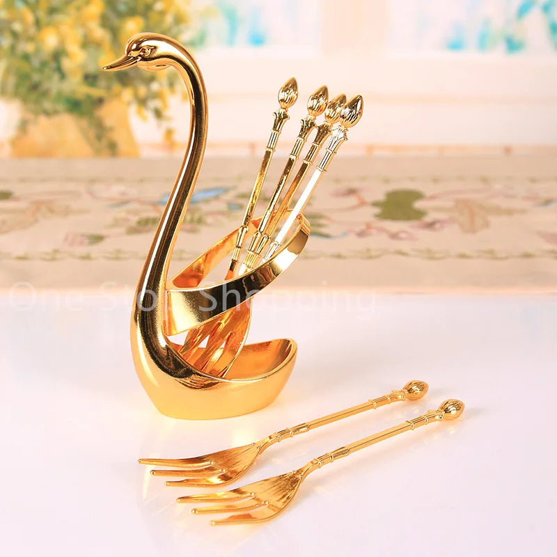 Creative Dinnerware Set Swan Base Holder Decorative Stainless Steel with 6 Spoons for Coffee Fruit Dessert Stirring Mixing