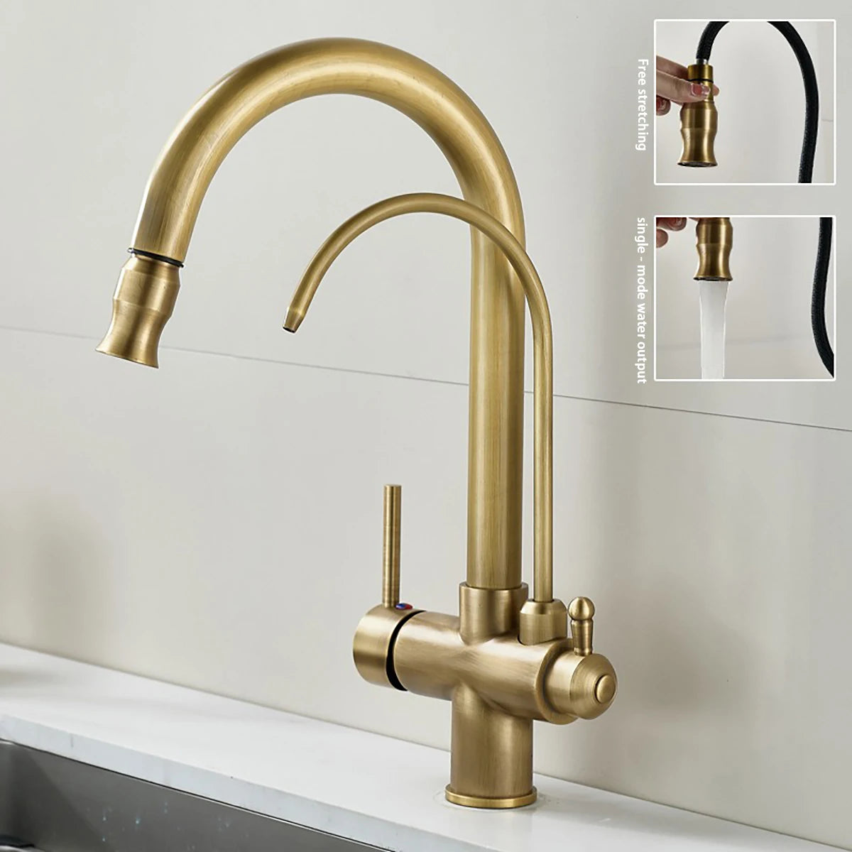 Gold Brass Pull-out Rotating Kitchen Faucet with 360° Swivel - Classic Sink Faucet for Modern Kitchen, Durable Water Faucet
