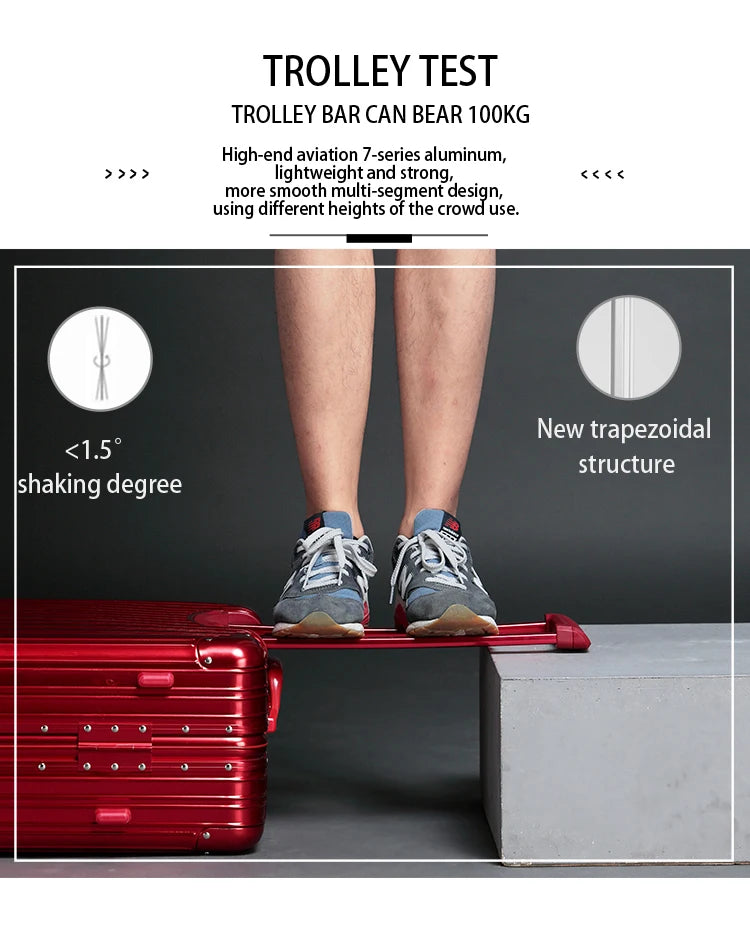 Aluminum-Magnesium Alloy Suitcase, High-Quality Rolling Luggage Available in 20”, 24”, 26”, and 29” sizes. Durable trolley luggage perfect for travel, carry-on, and cabin use.