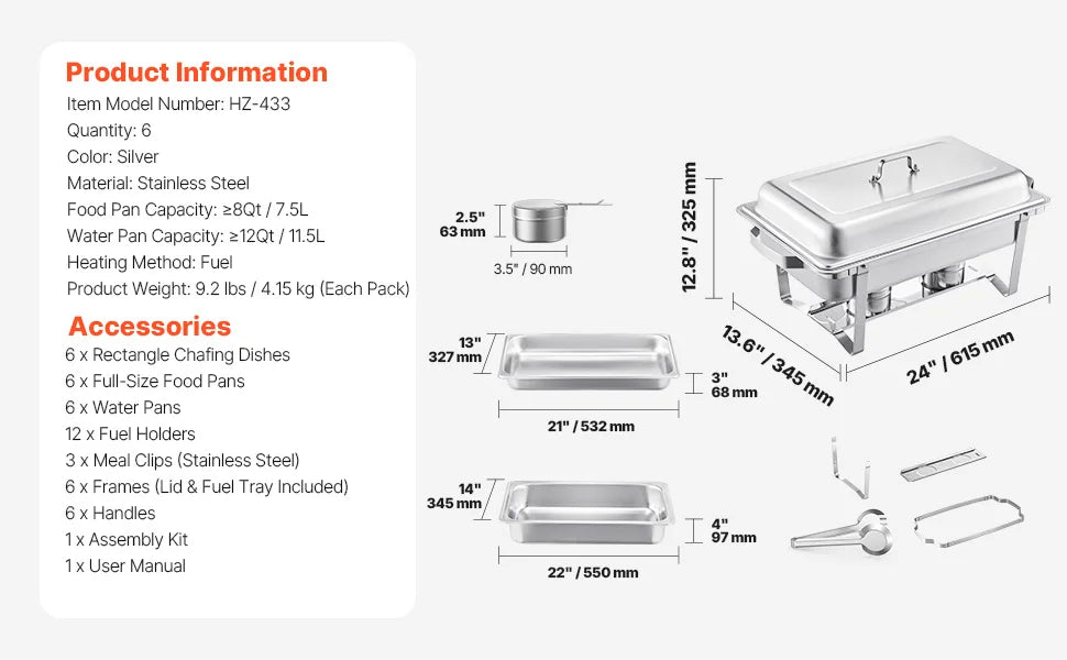 SucceBuy 8QT Rectangle Chafing Dish 2/4/6 Packs w/ Full Size Pans Buffet Catering Warmer Server Folding Stand Fuel Holder Tray